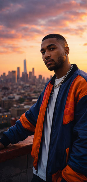 Ultra-realistic image of a confident next-generation Hip-Hop artist standing on a rooftop overlooking a vibrant city skyline at sunset, symbolizing the search for the next leader in Hip-Hop culture — SpitFireHipHop Corporate Corner.
