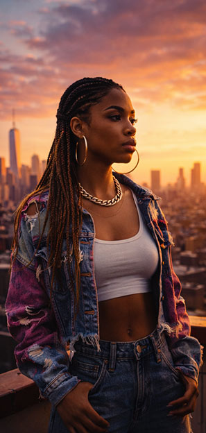 Ultra-realistic image of a confident next-generation Hip-Hop artist standing on a rooftop overlooking a vibrant city skyline at sunset, symbolizing the search for the next leader in Hip-Hop culture — SpitFireHipHop Corporate Corner.