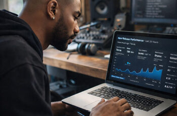 Ultra-realistic image of a Hip-Hop artist reviewing streaming analytics on a laptop in a bright recording studio, symbolizing the critical first 24 hours after a song release and the reaction window that determines a track’s future — SpitFireHipHop Corporate Corner.