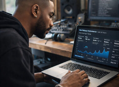 Ultra-realistic image of a Hip-Hop artist reviewing streaming analytics on a laptop in a bright recording studio, symbolizing the critical first 24 hours after a song release and the reaction window that determines a track’s future — SpitFireHipHop Corporate Corner.