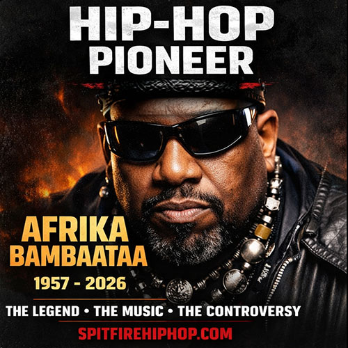 Ultra-realistic portrait of Afrika Bambaataa wearing sunglasses and a leather jacket, with bold headline “Hip-Hop Pioneer Dead” and SpitFireHipHop branding, representing breaking news of his death and legacy in hip-hop culture