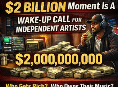 Independent Hip-Hop artist in a studio reviewing music business documents and streaming platform analytics while planning long-term ownership strategy for a self-owned catalog.