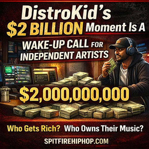 Independent Hip-Hop artist in a studio reviewing music business documents and streaming platform analytics while planning long-term ownership strategy for a self-owned catalog.