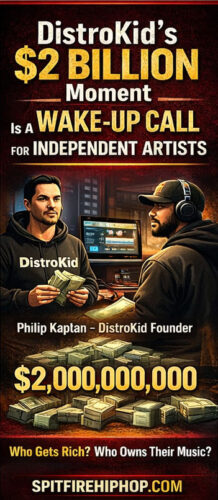 Independent Hip-Hop artist in a studio reviewing music business documents and streaming platform analytics while planning long-term ownership strategy for a self-owned catalog.