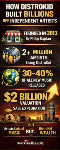 Independent Hip-Hop artist in a studio reviewing music business documents and streaming platform analytics while planning long-term ownership strategy for a self-owned catalog.