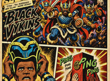 Comic-style cover art showing futuristic Viking warriors in gold helmets and armor, representing the “Black Vykins” single by Mike Titan and Tali Rodriguez.