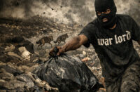 Cover art for “Don’t Get Bagged” showing a masked figure dragging a trash bag through a chaotic wasteland, matching the song’s grim street-rap tone.