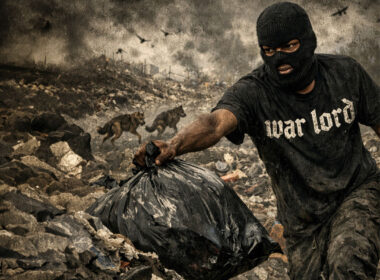 Cover art for “Don’t Get Bagged” showing a masked figure dragging a trash bag through a chaotic wasteland, matching the song’s grim street-rap tone.