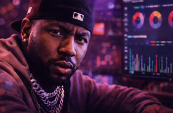 Ultra-realistic Hip-Hop editorial graphic featuring a focused male artist wearing a black cap and chain, sitting in a dimly lit studio workspace with digital analytics screens glowing in the background, representing music data and algorithm tracking, with bold headline text “The Algorithm Doesn’t Love You — It Tests You” and SpitFireHipHop branding.