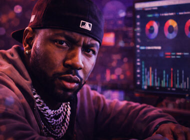 Ultra-realistic Hip-Hop editorial graphic featuring a focused male artist wearing a black cap and chain, sitting in a dimly lit studio workspace with digital analytics screens glowing in the background, representing music data and algorithm tracking, with bold headline text “The Algorithm Doesn’t Love You — It Tests You” and SpitFireHipHop branding.