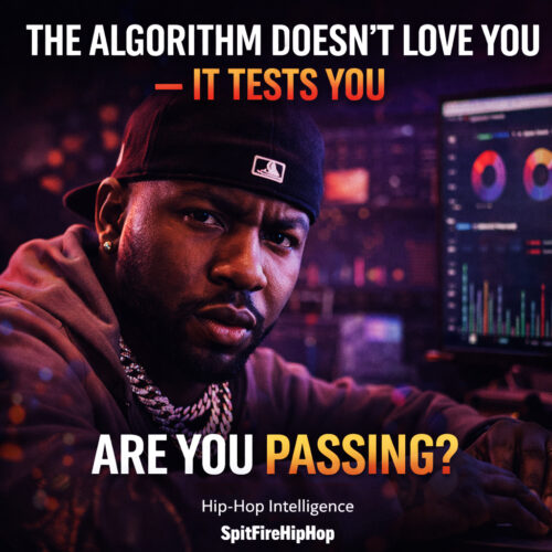 Ultra-realistic Hip-Hop editorial graphic featuring a focused male artist wearing a black cap and chain, sitting in a dimly lit studio workspace with digital analytics screens glowing in the background, representing music data and algorithm tracking, with bold headline text “The Algorithm Doesn’t Love You — It Tests You” and SpitFireHipHop branding.