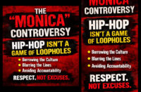 Bold red and black Hip-Hop editorial graphic with distressed texture reading “The ‘Monica’ Controversy — Hip-Hop Isn’t a Game of Loopholes,” followed by key points about borrowing the culture, blurring lines, and avoiding accountability, ending with “Respect. Not Excuses.” and SpitFireHipHop branding.