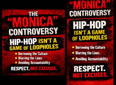 Bold red and black Hip-Hop editorial graphic with distressed texture reading “The ‘Monica’ Controversy — Hip-Hop Isn’t a Game of Loopholes,” followed by key points about borrowing the culture, blurring lines, and avoiding accountability, ending with “Respect. Not Excuses.” and SpitFireHipHop branding.