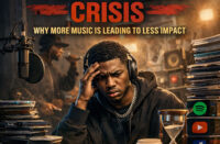Hip-Hop studio scene showing a focused Black male artist wearing headphones, surrounded by stacks of CDs and production equipment, with an hourglass symbolizing time and attention pressure in the streaming era. The bold headline “The Oversaturation Crisis: Why More Music Is Leading to Less Impact” appears above, representing the struggle of artists to stand out in a saturated digital music landscape.