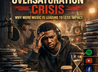 Hip-Hop studio scene showing a focused Black male artist wearing headphones, surrounded by stacks of CDs and production equipment, with an hourglass symbolizing time and attention pressure in the streaming era. The bold headline “The Oversaturation Crisis: Why More Music Is Leading to Less Impact” appears above, representing the struggle of artists to stand out in a saturated digital music landscape.