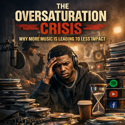 Hip-Hop studio scene showing a focused Black male artist wearing headphones, surrounded by stacks of CDs and production equipment, with an hourglass symbolizing time and attention pressure in the streaming era. The bold headline “The Oversaturation Crisis: Why More Music Is Leading to Less Impact” appears above, representing the struggle of artists to stand out in a saturated digital music landscape.