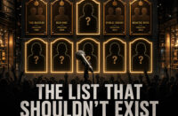 Rock & Roll Hall of Fame-style wall with glowing gold plaques, several empty silhouettes representing missing Hip-Hop artists, a microphone in the foreground, and a crowd below, with the headline “The List That Shouldn’t Exist — Hip-Hop Still Waiting.”