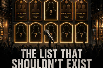 Rock & Roll Hall of Fame-style wall with glowing gold plaques, several empty silhouettes representing missing Hip-Hop artists, a microphone in the foreground, and a crowd below, with the headline “The List That Shouldn’t Exist — Hip-Hop Still Waiting.”