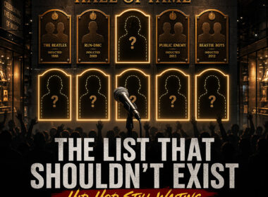 Rock & Roll Hall of Fame-style wall with glowing gold plaques, several empty silhouettes representing missing Hip-Hop artists, a microphone in the foreground, and a crowd below, with the headline “The List That Shouldn’t Exist — Hip-Hop Still Waiting.”