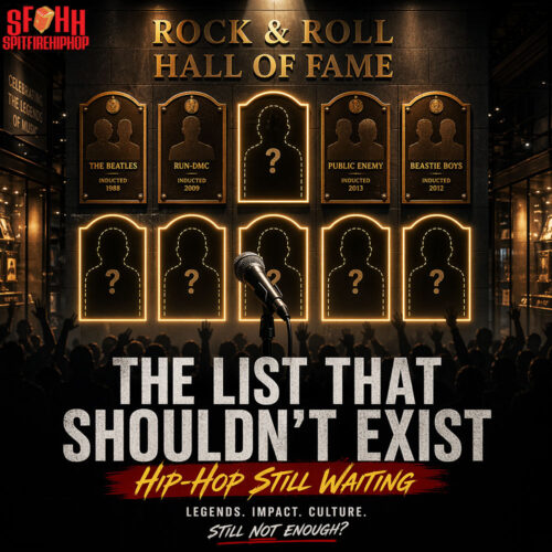 Rock & Roll Hall of Fame-style wall with glowing gold plaques, several empty silhouettes representing missing Hip-Hop artists, a microphone in the foreground, and a crowd below, with the headline “The List That Shouldn’t Exist — Hip-Hop Still Waiting.”