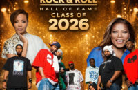 Hip-Hop legends Wu-Tang Clan, MC Lyte, and Queen Latifah featured in a Rock & Roll Hall of Fame Class of 2026 tribute graphic with gold lighting and stage-inspired background.