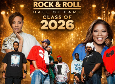 Hip-Hop legends Wu-Tang Clan, MC Lyte, and Queen Latifah featured in a Rock & Roll Hall of Fame Class of 2026 tribute graphic with gold lighting and stage-inspired background.