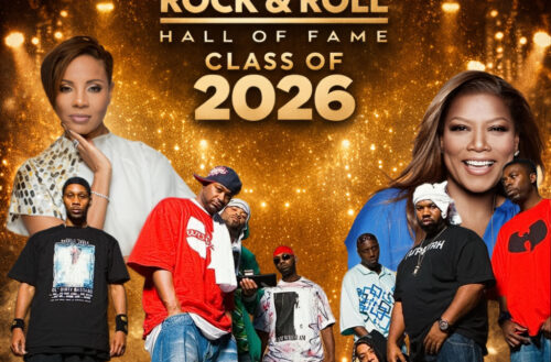 Hip-Hop legends Wu-Tang Clan, MC Lyte, and Queen Latifah featured in a Rock & Roll Hall of Fame Class of 2026 tribute graphic with gold lighting and stage-inspired background.
