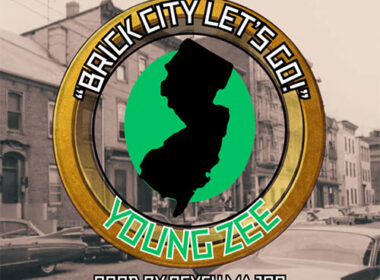 Young Zee “Brick City Let’s Go!” cover art featuring a silhouette of New Jersey inside a gold emblem over a vintage Brick City street scene with bold lettering and production credits.