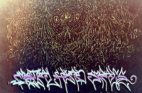 Distorted mechanical skull illustration above futuristic graffiti lettering for Boxguts and DJ Akoza’s “Cyborg’s Revenge” single artwork with dark underground Hip-Hop aesthetic.