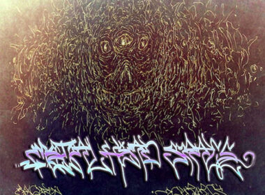 Distorted mechanical skull illustration above futuristic graffiti lettering for Boxguts and DJ Akoza’s “Cyborg’s Revenge” single artwork with dark underground Hip-Hop aesthetic.