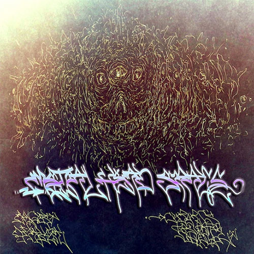 Distorted mechanical skull illustration above futuristic graffiti lettering for Boxguts and DJ Akoza’s “Cyborg’s Revenge” single artwork with dark underground Hip-Hop aesthetic.