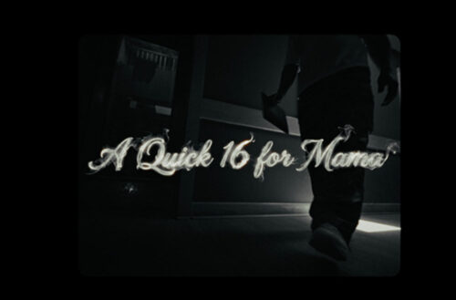De La Soul’s “A Quick 16 for Mama” video artwork featuring a shadowed figure walking through a dimly lit hallway with cinematic typography layered across the scene.