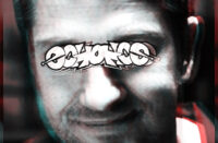 Close-up portrait of a man with glitch-style distortion and graffiti text across his eyes, representing the theme of “Law Abiding Citizen” with a dark urban aesthetic.