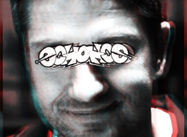 Close-up portrait of a man with glitch-style distortion and graffiti text across his eyes, representing the theme of “Law Abiding Citizen” with a dark urban aesthetic.