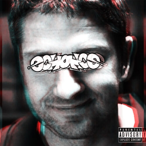 Close-up portrait of a man with glitch-style distortion and graffiti text across his eyes, representing the theme of “Law Abiding Citizen” with a dark urban aesthetic.