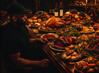 ILL Gordon sits at a massive candlelit dinner table overflowing with food and wine in a dark luxury dining room, representing the “Full Plate” album theme.