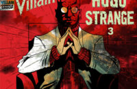 Illustrated cover art for The Mind Of Hugo Strange 3 by New Villain featuring a bald comic-style villain seated in a chair with hands folded beneath his face against a red textured background. The artwork includes bold “New Villain” and “The Mind Of Hugo Strange 3” typography, Villain Comics Group branding, and a dark cinematic underground Hip-Hop aesthetic.