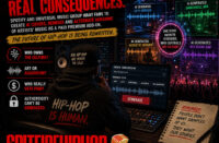 Hip-Hop producer sits inside a futuristic recording studio surrounded by holographic music waveforms and AI-generated remix screens while a streaming interface glows in the background with red lighting and digital distortion effects.