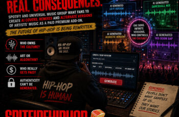 Hip-Hop producer sits inside a futuristic recording studio surrounded by holographic music waveforms and AI-generated remix screens while a streaming interface glows in the background with red lighting and digital distortion effects.