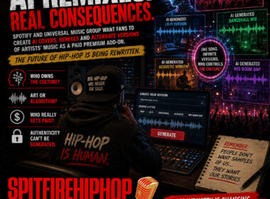 Hip-Hop producer sits inside a futuristic recording studio surrounded by holographic music waveforms and AI-generated remix screens while a streaming interface glows in the background with red lighting and digital distortion effects.