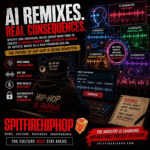 Hip-Hop producer sits inside a futuristic recording studio surrounded by holographic music waveforms and AI-generated remix screens while a streaming interface glows in the background with red lighting and digital distortion effects.