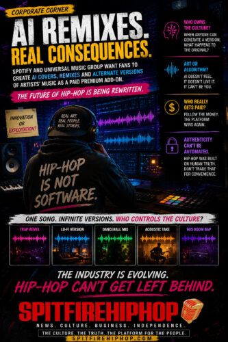 Hip-Hop producer sits inside a futuristic recording studio surrounded by holographic music waveforms and AI-generated remix screens while a streaming interface glows in the background with red lighting and digital distortion effects.