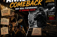 Hip-Hop editorial graphic featuring two live performers commanding massive crowds during energetic concerts, contrasted with bold typography reading “The Analog Comeback: Why Real Performance Is Winning Again.” The graphic emphasizes raw stage presence, live energy, and authentic Hip-Hop performance culture with handwritten-style notes about real skill, crowd connection, and human performance, alongside official SpitFireHipHop branding.