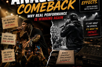 Hip-Hop editorial graphic featuring two live performers commanding massive crowds during energetic concerts, contrasted with bold typography reading “The Analog Comeback: Why Real Performance Is Winning Again.” The graphic emphasizes raw stage presence, live energy, and authentic Hip-Hop performance culture with handwritten-style notes about real skill, crowd connection, and human performance, alongside official SpitFireHipHop branding.
