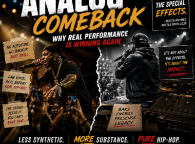 Hip-Hop editorial graphic featuring two live performers commanding massive crowds during energetic concerts, contrasted with bold typography reading “The Analog Comeback: Why Real Performance Is Winning Again.” The graphic emphasizes raw stage presence, live energy, and authentic Hip-Hop performance culture with handwritten-style notes about real skill, crowd connection, and human performance, alongside official SpitFireHipHop branding.