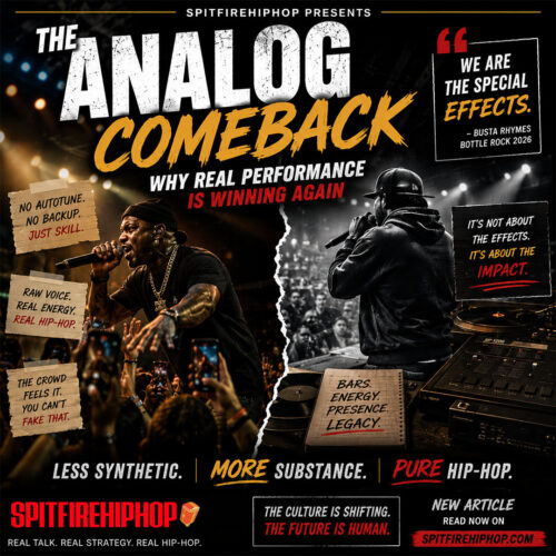 Hip-Hop editorial graphic featuring two live performers commanding massive crowds during energetic concerts, contrasted with bold typography reading “The Analog Comeback: Why Real Performance Is Winning Again.” The graphic emphasizes raw stage presence, live energy, and authentic Hip-Hop performance culture with handwritten-style notes about real skill, crowd connection, and human performance, alongside official SpitFireHipHop branding.