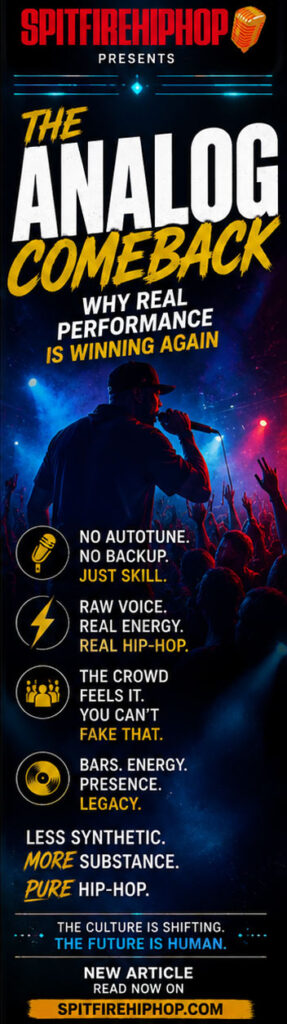 Vertical Hip-Hop editorial poster featuring a rapper performing live in front of a glowing crowd under blue and gold stage lighting, with bold text reading “The Analog Comeback.” The design highlights themes of authentic performance, real energy, and pure Hip-Hop culture through dramatic concert photography, minimal tech-inspired graphics, and official SpitFireHipHop branding.