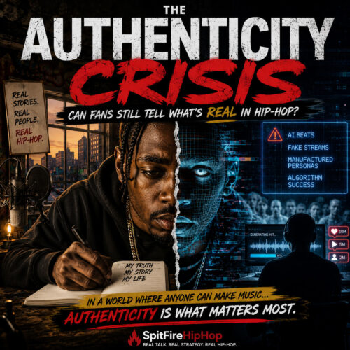 Hip-Hop editorial graphic featuring a male artist writing lyrics in a dimly lit urban studio on one side, contrasted with a futuristic AI-generated digital face and analytics interface on the other, symbolizing the tension between real human artistry and artificial music creation, with bold headline text “The Authenticity Crisis” and SpitFireHipHop branding.