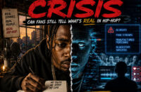 Hip-Hop editorial graphic featuring a male artist writing lyrics in a dimly lit urban studio on one side, contrasted with a futuristic AI-generated digital face and analytics interface on the other, symbolizing the tension between real human artistry and artificial music creation, with bold headline text “The Authenticity Crisis” and SpitFireHipHop branding.