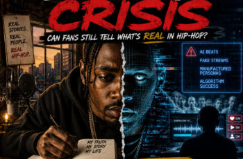 Hip-Hop editorial graphic featuring a male artist writing lyrics in a dimly lit urban studio on one side, contrasted with a futuristic AI-generated digital face and analytics interface on the other, symbolizing the tension between real human artistry and artificial music creation, with bold headline text “The Authenticity Crisis” and SpitFireHipHop branding.